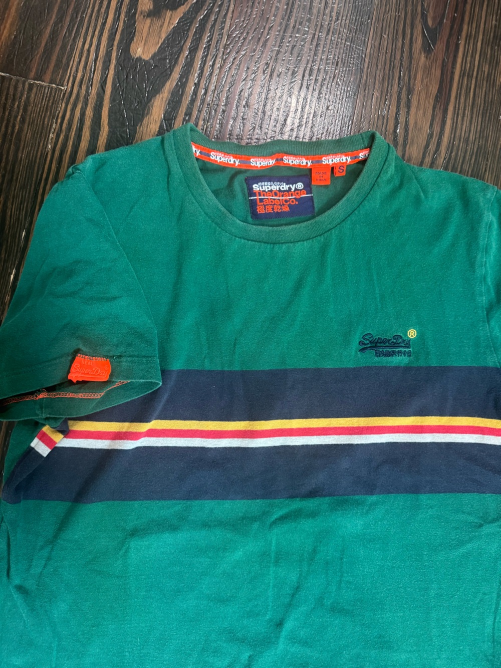 Superdry Green Tee with Navy & Multicolor Stripes